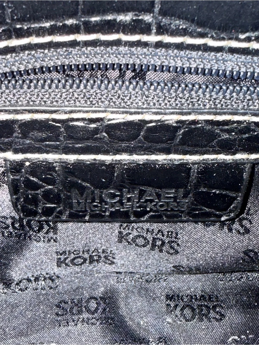 Michael Kors Black Croc-Embossed Wristlet Clutch with Contrast Stitching